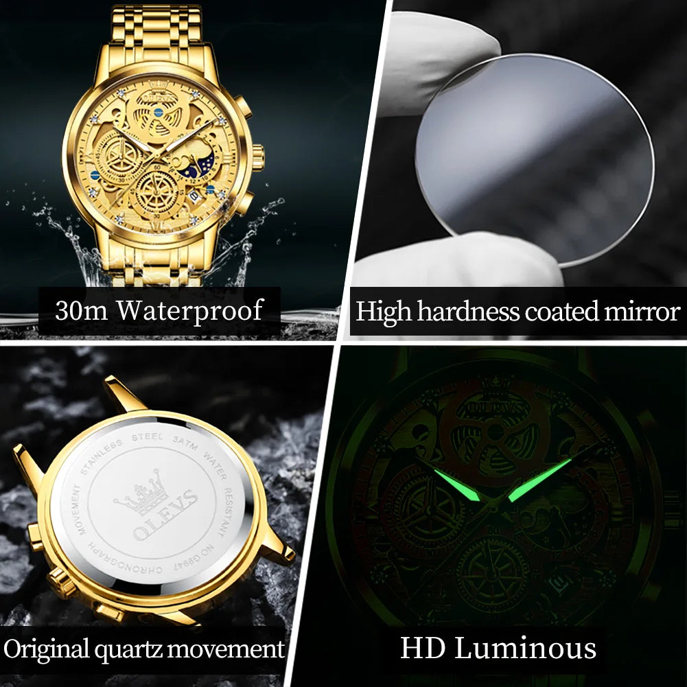 OLEVS Men's Watches Top Brand Luxury Original Waterproof Quartz Skeleton Style 24 Hour Day Night New