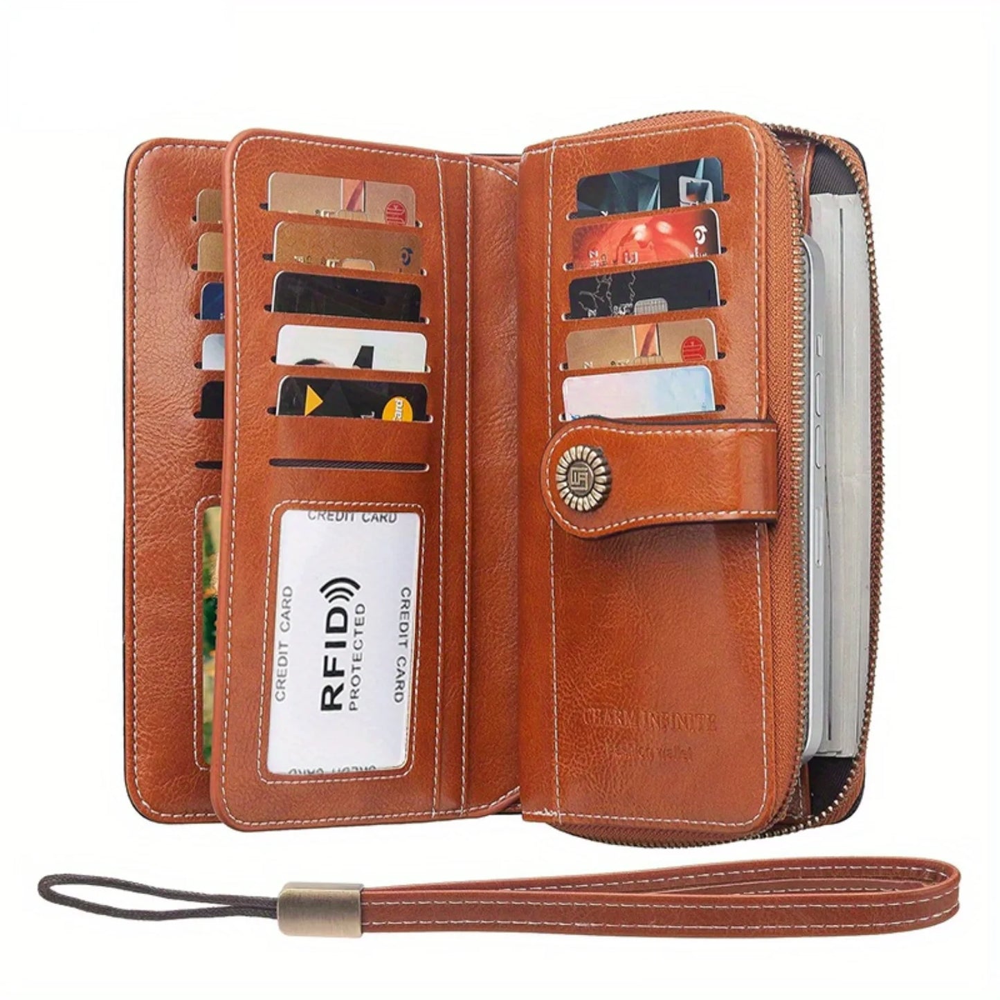 RFID Retro Large Capacity Long Wallet Solid Color Women's Purse With Wrist Strap