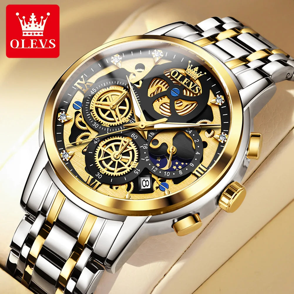 OLEVS Men's Watches Top Brand Luxury Original Waterproof Quartz Skeleton Style 24 Hour Day Night New