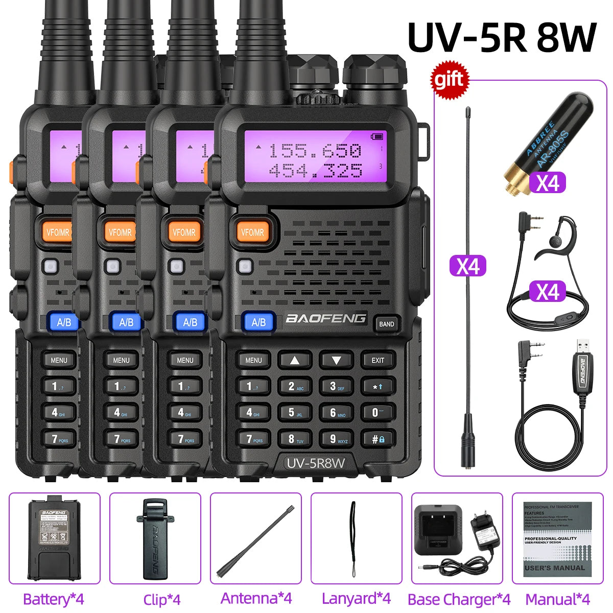 1/2/4 PCS Baofeng UV-5R 8W Walkie Talkie Ham Radio Dual Band VHF UHF Portable FM Amateur 1800mAh UV5R  Two way Radio For Climb