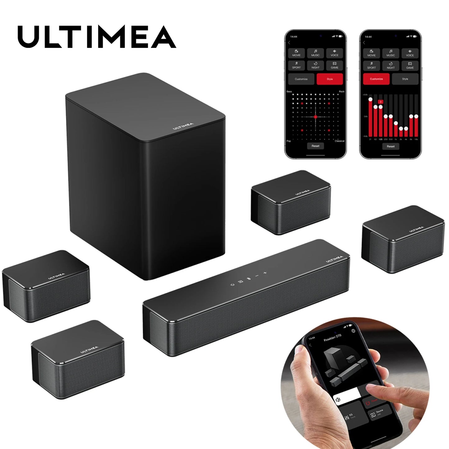 ULTIMEA 410W 7.1 Soundbar for TV with Wireless Subwoofer with 4 Surround Speakers, APP Control, Home Theater