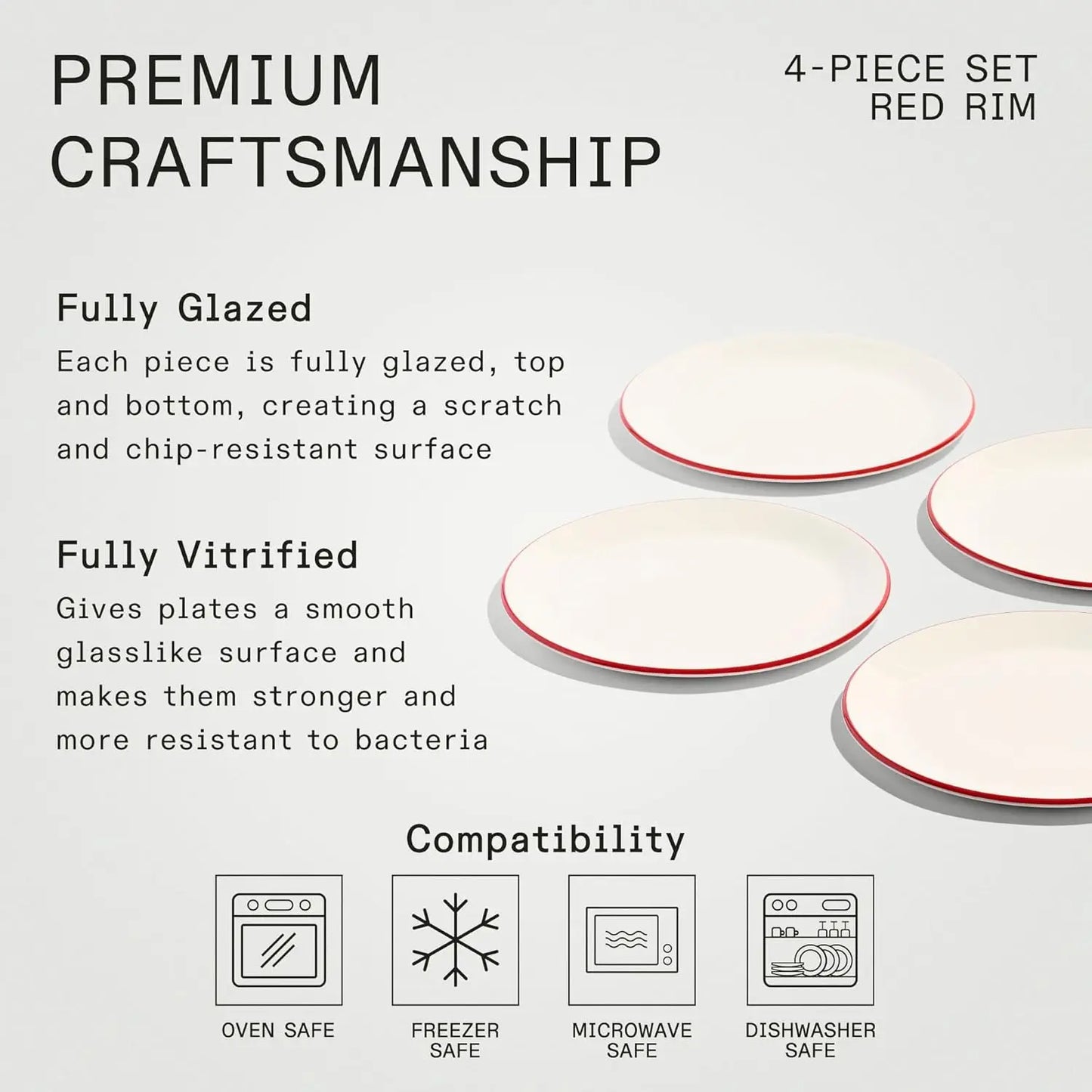 Cookware 10" Dinner Plates Set of 4 White With Red Rim Plates are not only microwave dishwasher and freezer-safe