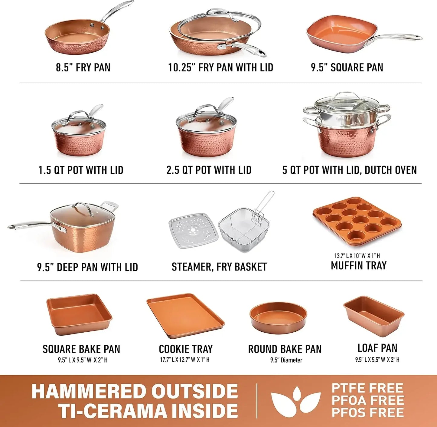 Hammered Copper Collection 20 Piece Premium Pots and Pans Set Nonstick Ceramic Cookware + Bakeware Set for Kitchen