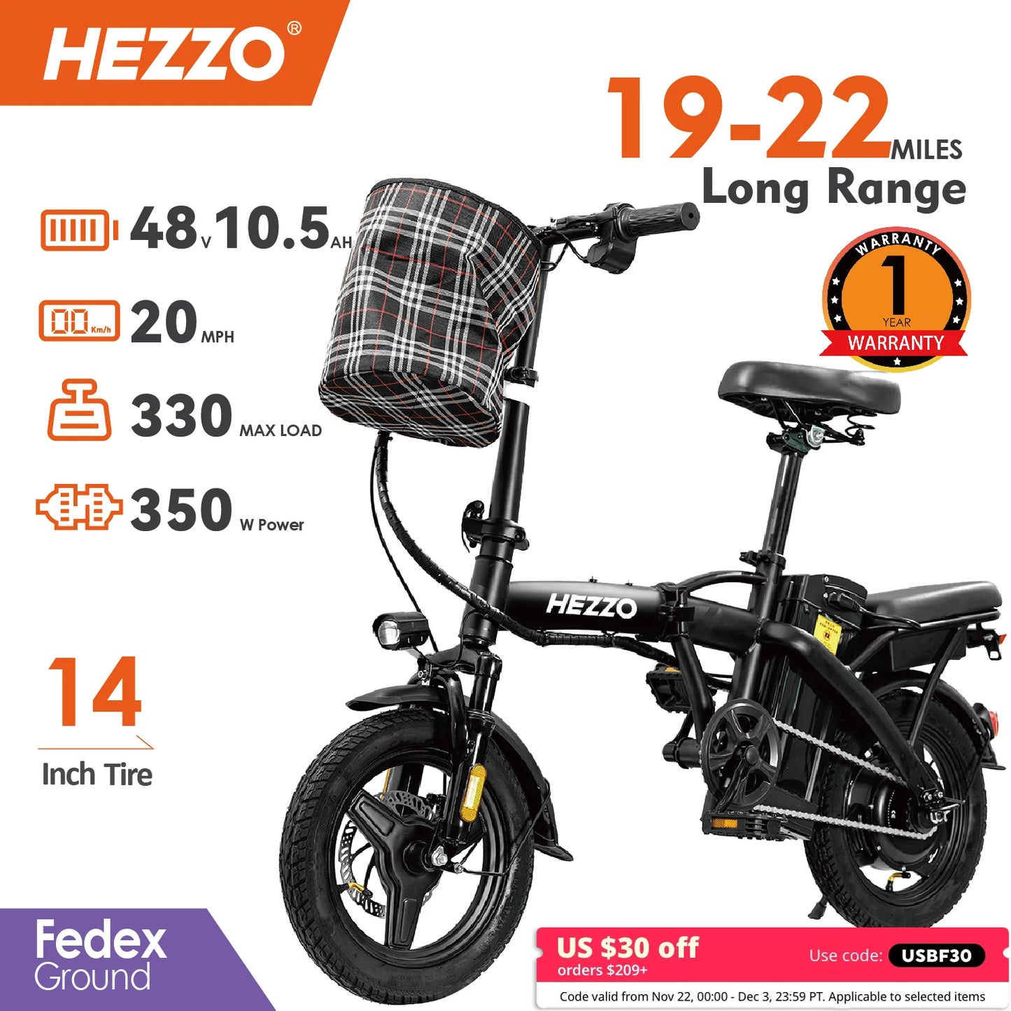 Hezzo Bicycle Foldable Electric Bike W/ Seat & Basket 14'' 48V 10.4Ah 350W Motor 22Miles Range 20 MPH Top Speed Ebike for Adults