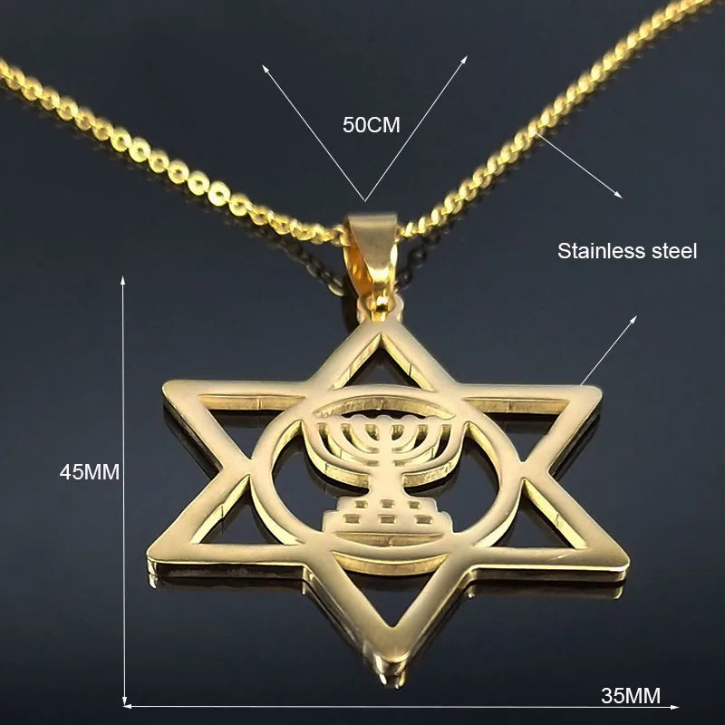 Jewish Menorah Star of David Stainless Steel Necklace Judaica Hebrew Israel Faith Lamp Hanukkah