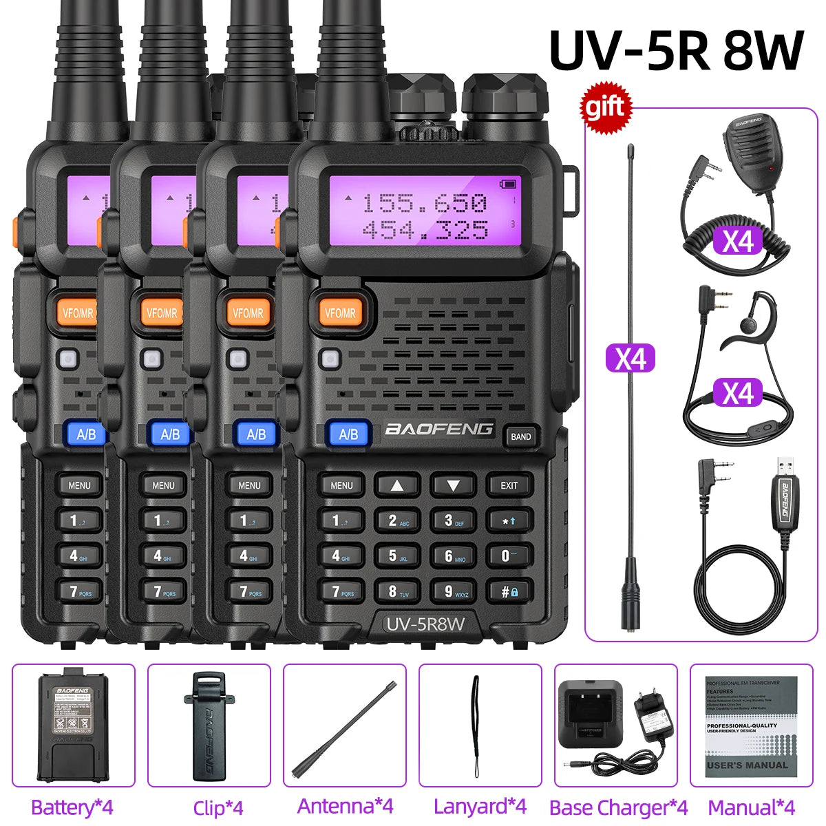 1/2/4 PCS Baofeng UV-5R 8W Walkie Talkie Ham Radio Dual Band VHF UHF Portable FM Amateur 1800mAh UV5R  Two way Radio For Climb