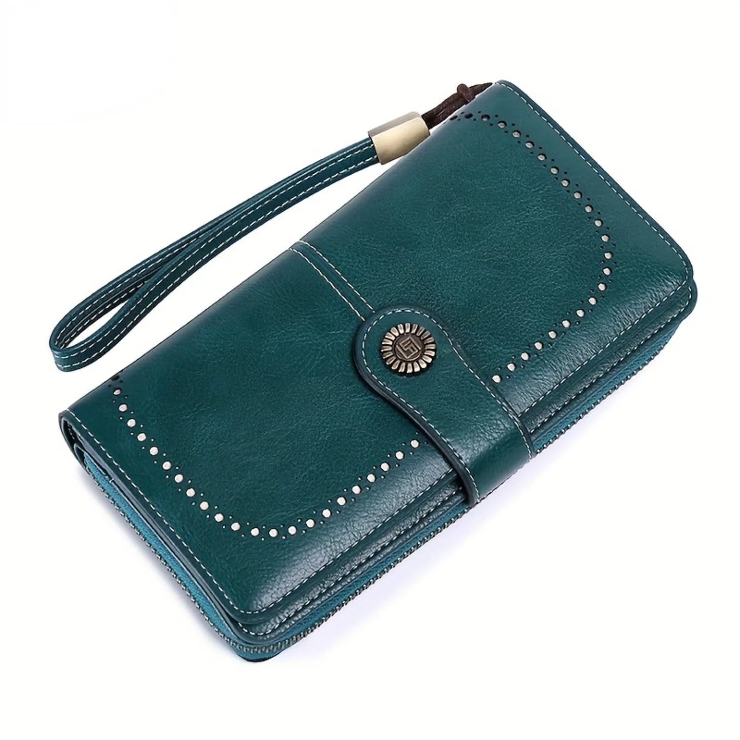 RFID Retro Large Capacity Long Wallet Solid Color Women's Purse With Wrist Strap