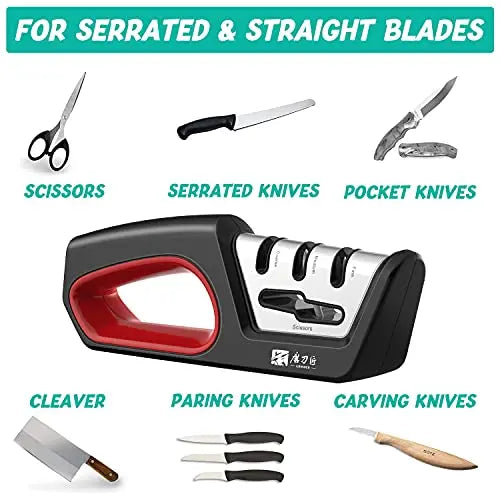 Four in one kitchen sharpener restores serrated blade knives and scissors, diamond tungsten steel ceramics