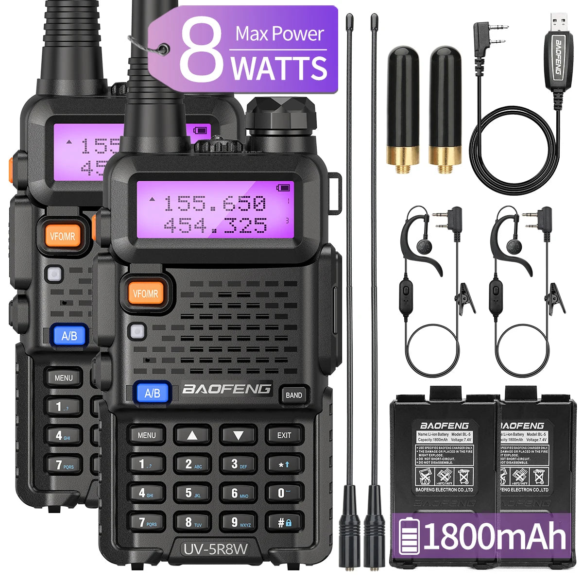 1/2/4 PCS Baofeng UV-5R 8W Walkie Talkie Ham Radio Dual Band VHF UHF Portable FM Amateur 1800mAh UV5R  Two way Radio For Climb