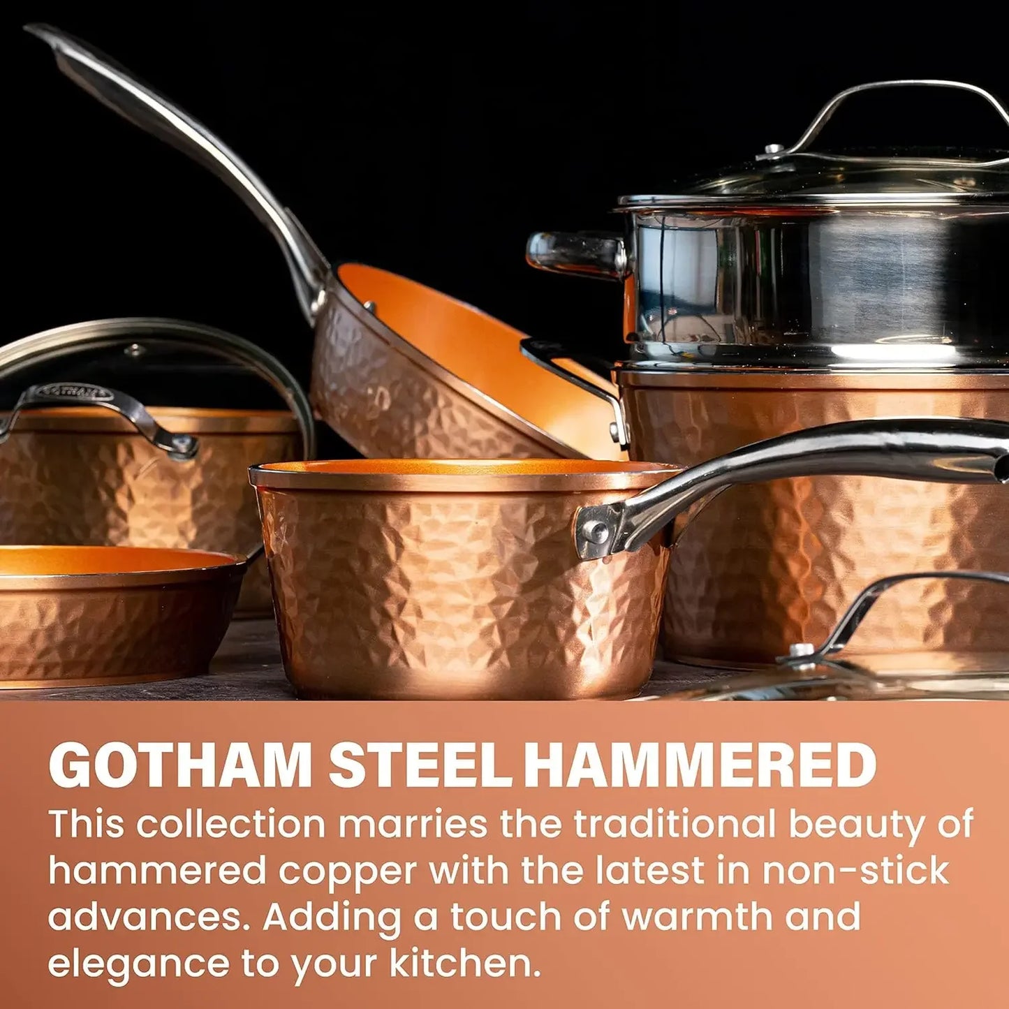 Hammered Copper Collection 20 Piece Premium Pots and Pans Set Nonstick Ceramic Cookware + Bakeware Set for Kitchen