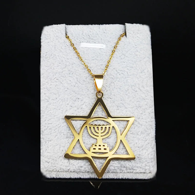 Jewish Menorah Star of David Stainless Steel Necklace Judaica Hebrew Israel Faith Lamp Hanukkah