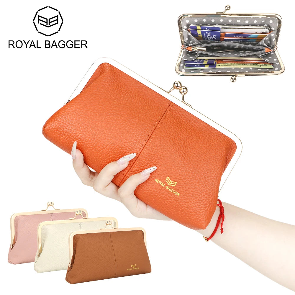 Royal Bagger RFID Kiss Lock Wallet, Solid Color Multi-card Slots Card Holder, Genuine Leather