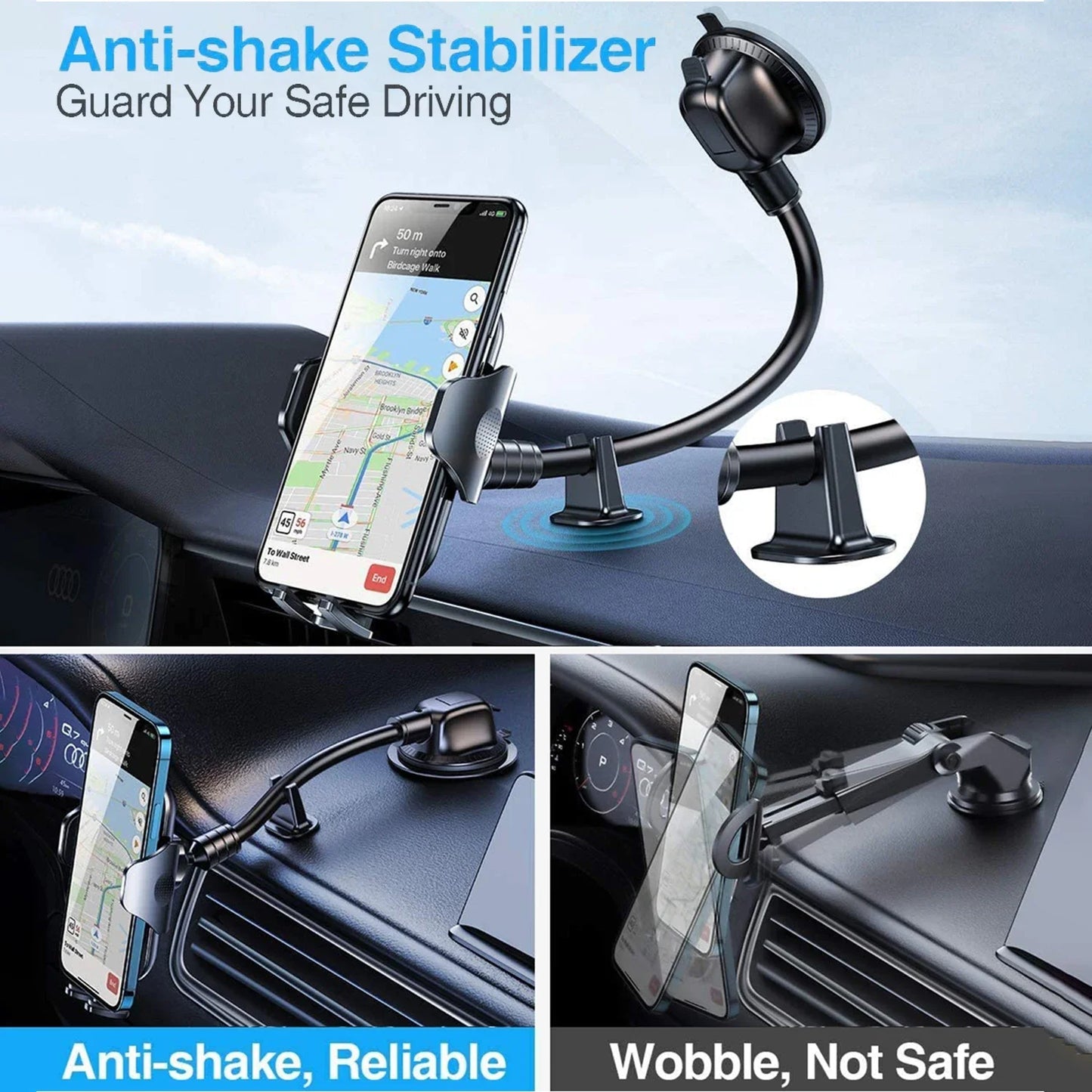 Dashboard Phone Holder for Car【360° Widest View】9in Flexible Long Arm, Universal Handsfree Auto Windshield Air Vent Phone Mount