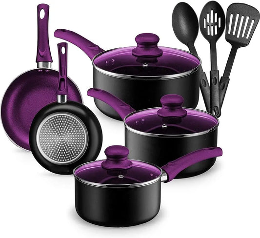 NEW Star Pots And Pans Set Kitchen Cookware Sets Nonstick Aluminum Cooking Essentials 11 Pieces Purple