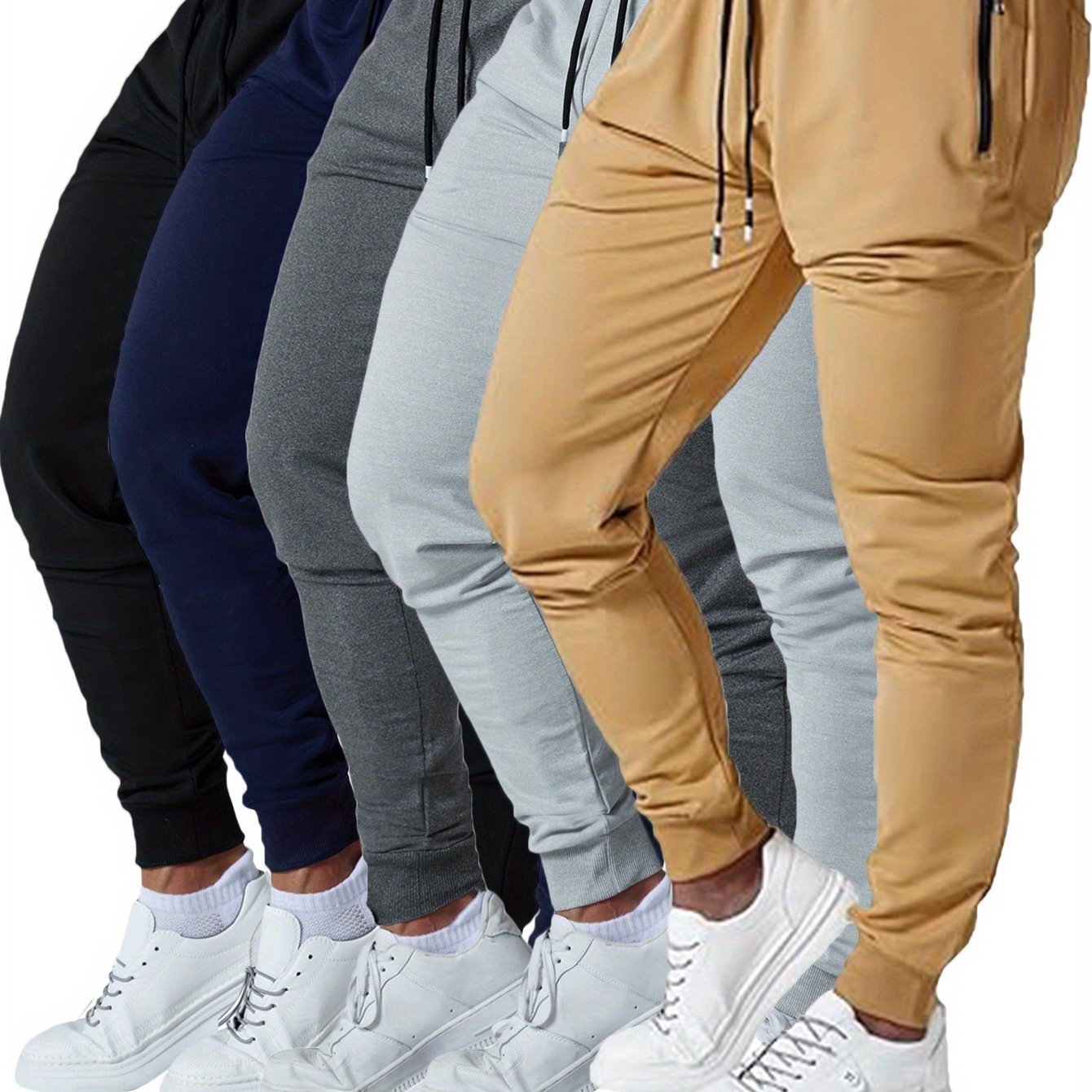 5 Pcs Men's Slim Fit Jogger Sweatpants - Medium Stretch, Zipped Pockets