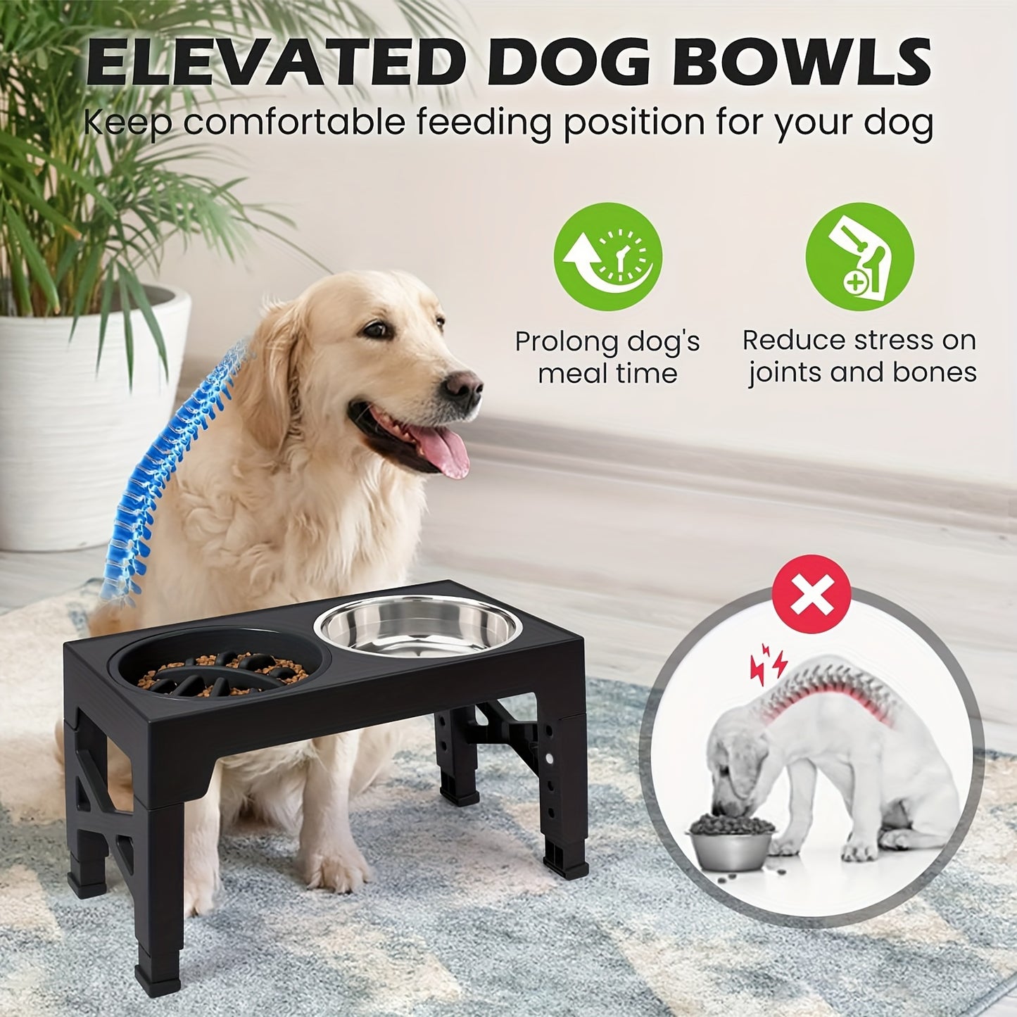 2 Stainless Steel Dog Food Bowls + 1 Slow Feeder Bowl -  5 Adjustable Heights Elevated Stand, for all dogs