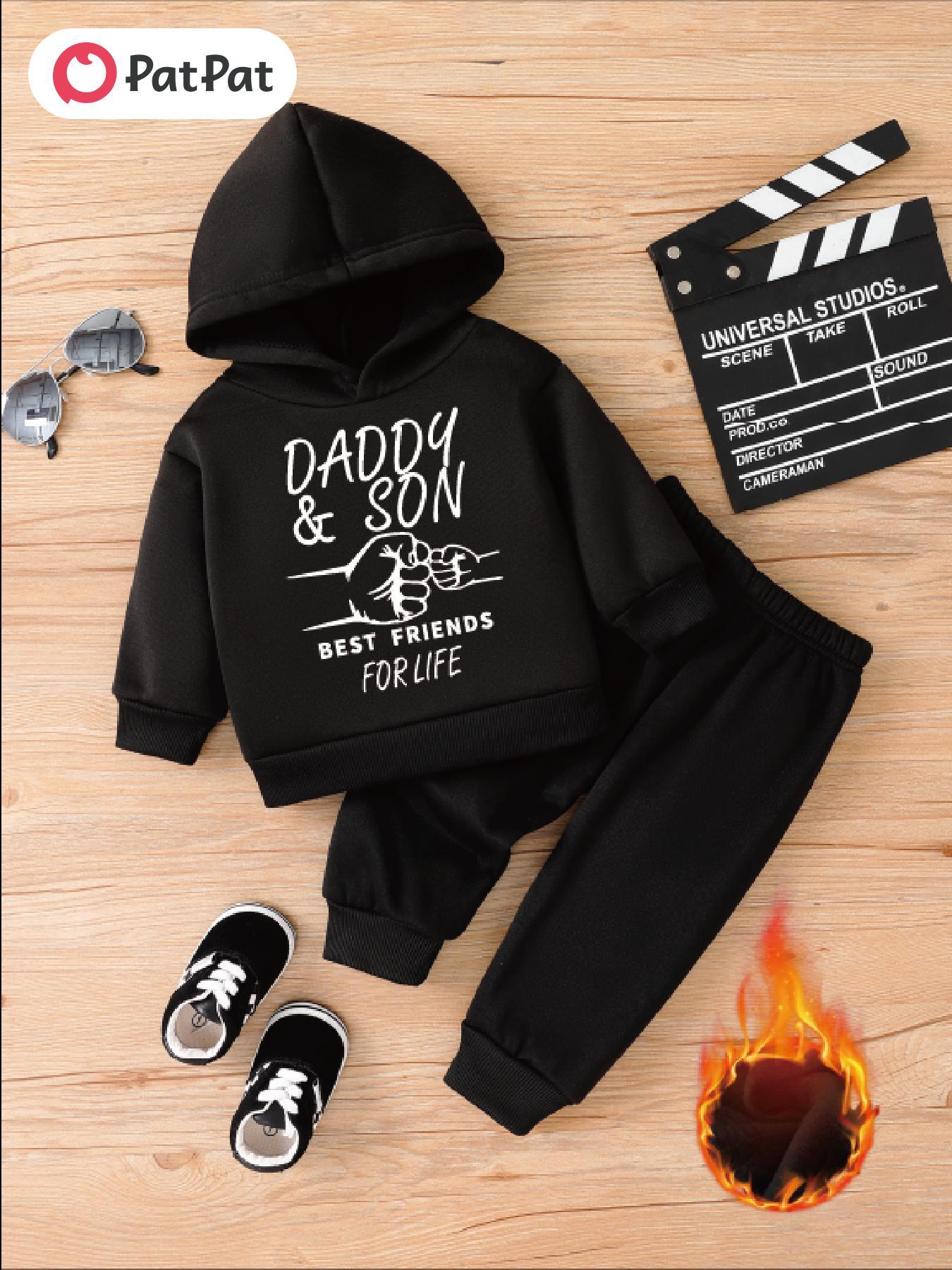 PatPat Baby Boy  Casual Letters DADDY SON Pattern Fleece Long-sleeve Hooded Top and Pant Set