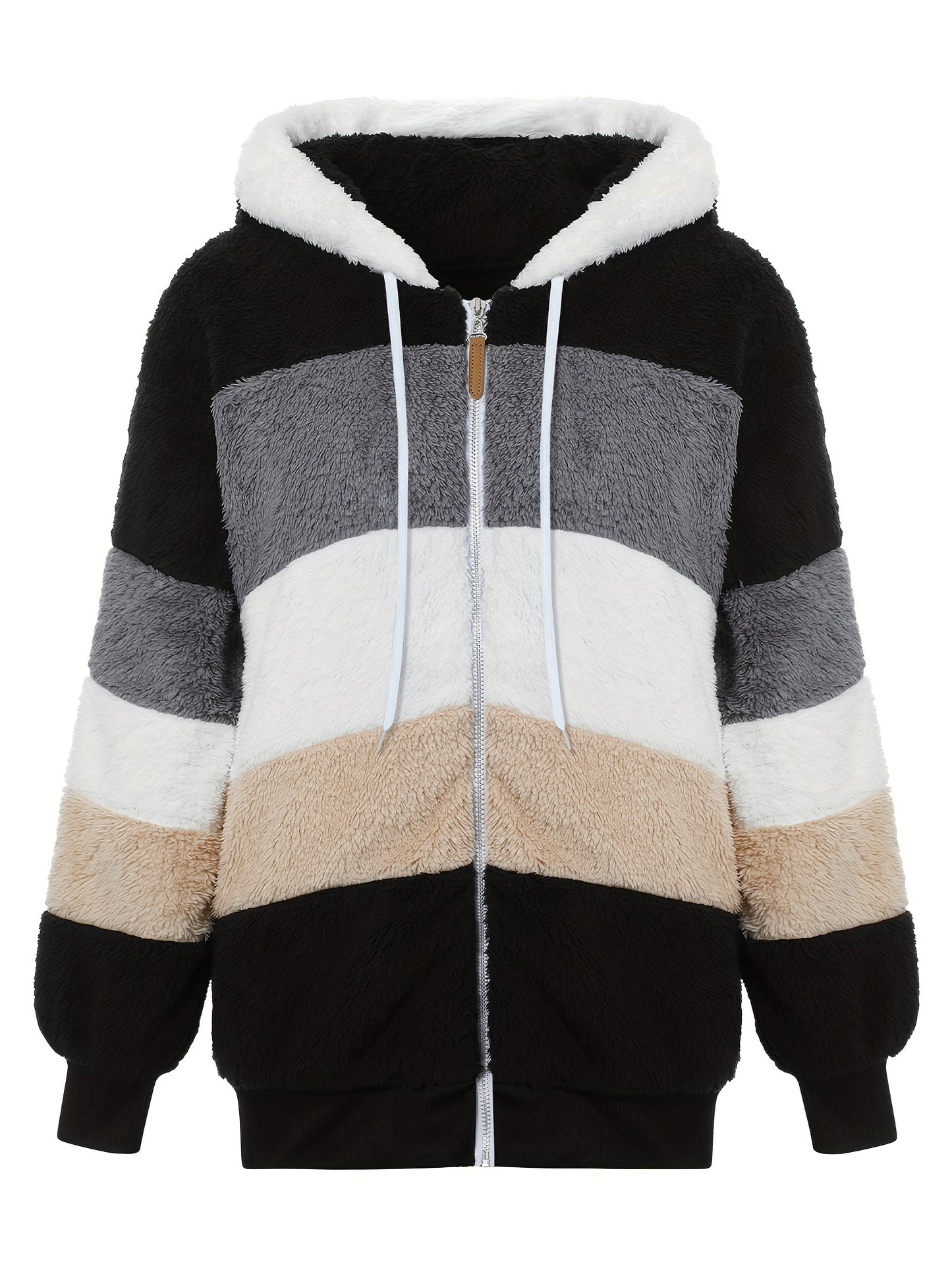 Fuzzy Color Block Coat, Casual Hooded Zip Up Drawstring Long Sleeve Outerwear