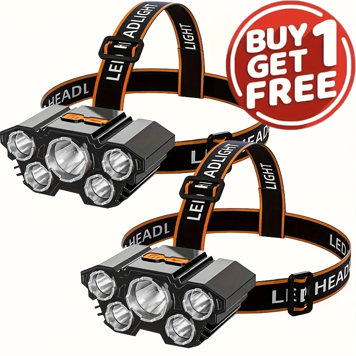 Buy 1 Get 1 Free, Total Of 2pcs Multifunctional 5LED Headlight Head Mounted Flashlight Outdoor USB