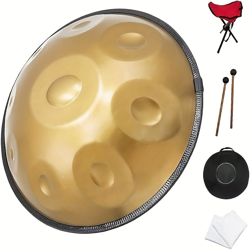 GLADFRESIT  Handpan Drum 22inch in D Kurd Minor with handpan stand, handpan case, durable mallets and dust-free cloth (Gold, 9-note, 440HZ)