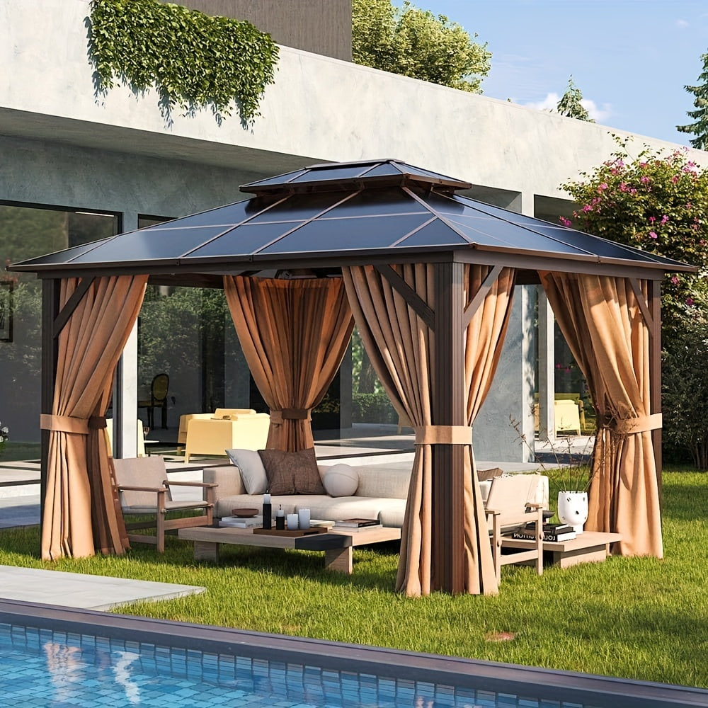 Outdoor Polycarbonate Gazebo, 10x12FT Heavy Duty Gazebo With Aluminum Frame Netting And Curtains