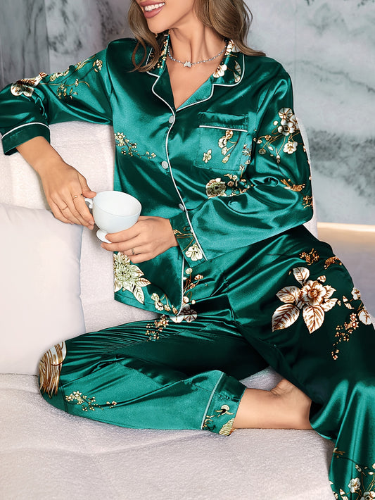 Long Sleeve Comfortable Relaxed Fit Women's Satin Elegant Floral Print Pajamal