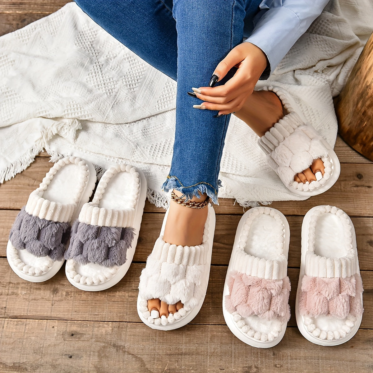 Honeycomb Plush Slippers For Women, Cozy & Warm Soft Sole Open Toe Shoes