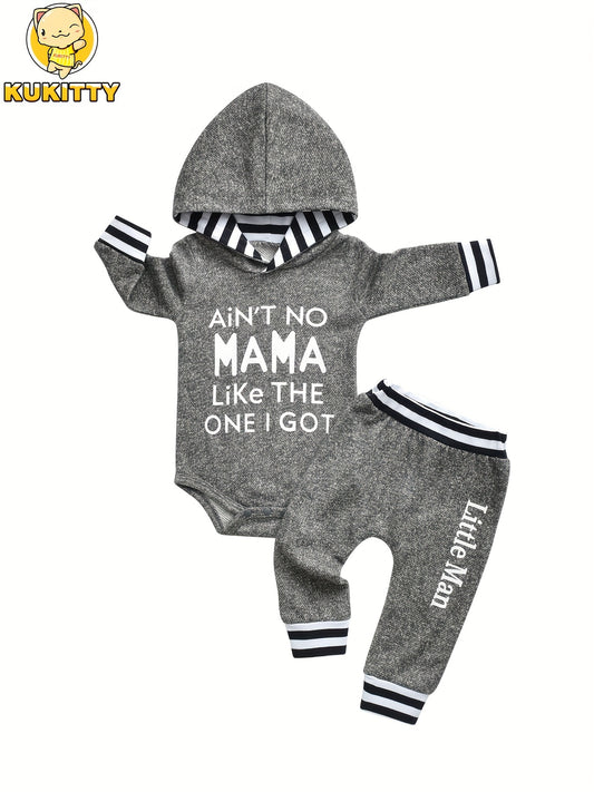 KuKitty Baby Boy Clothes Long Sleeve Striped Letter Printed Hoodie Bodysuit Tops Pants, 2Pcs Casual Set