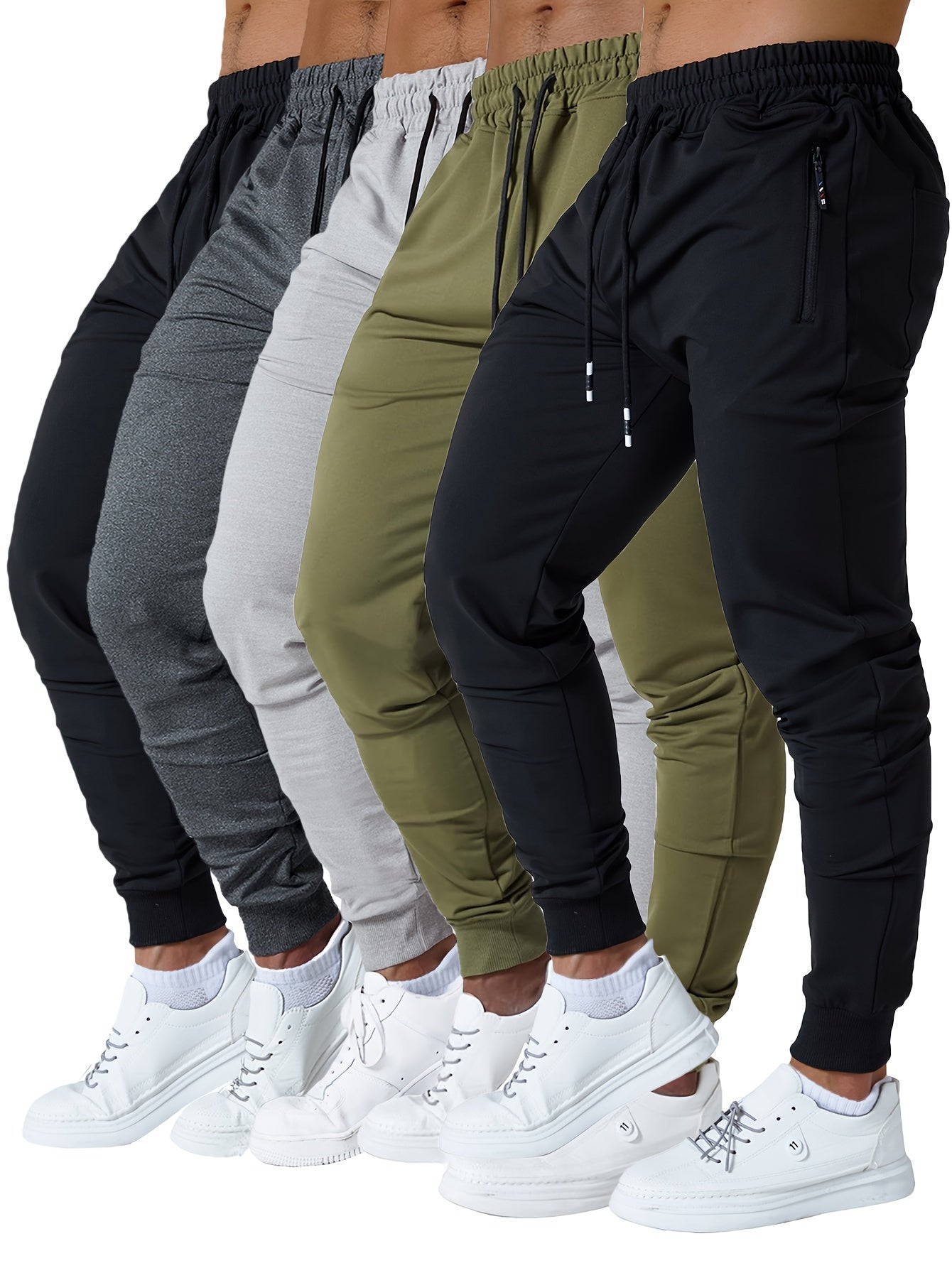 5 Pcs Men's Slim Fit Jogger Sweatpants - Medium Stretch, Zipped Pockets