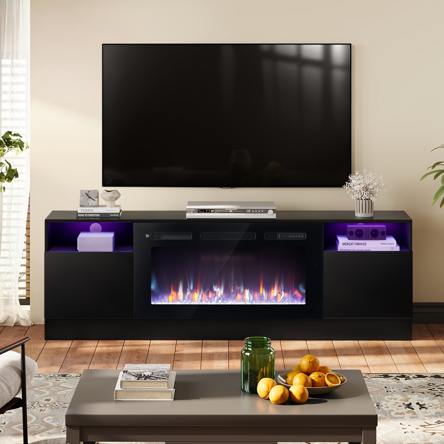 Fireplace TV Stand With 36"  With LED Lights For Living Room, 2 Tier TV Console Cabinet For TVs Up To 80", Black