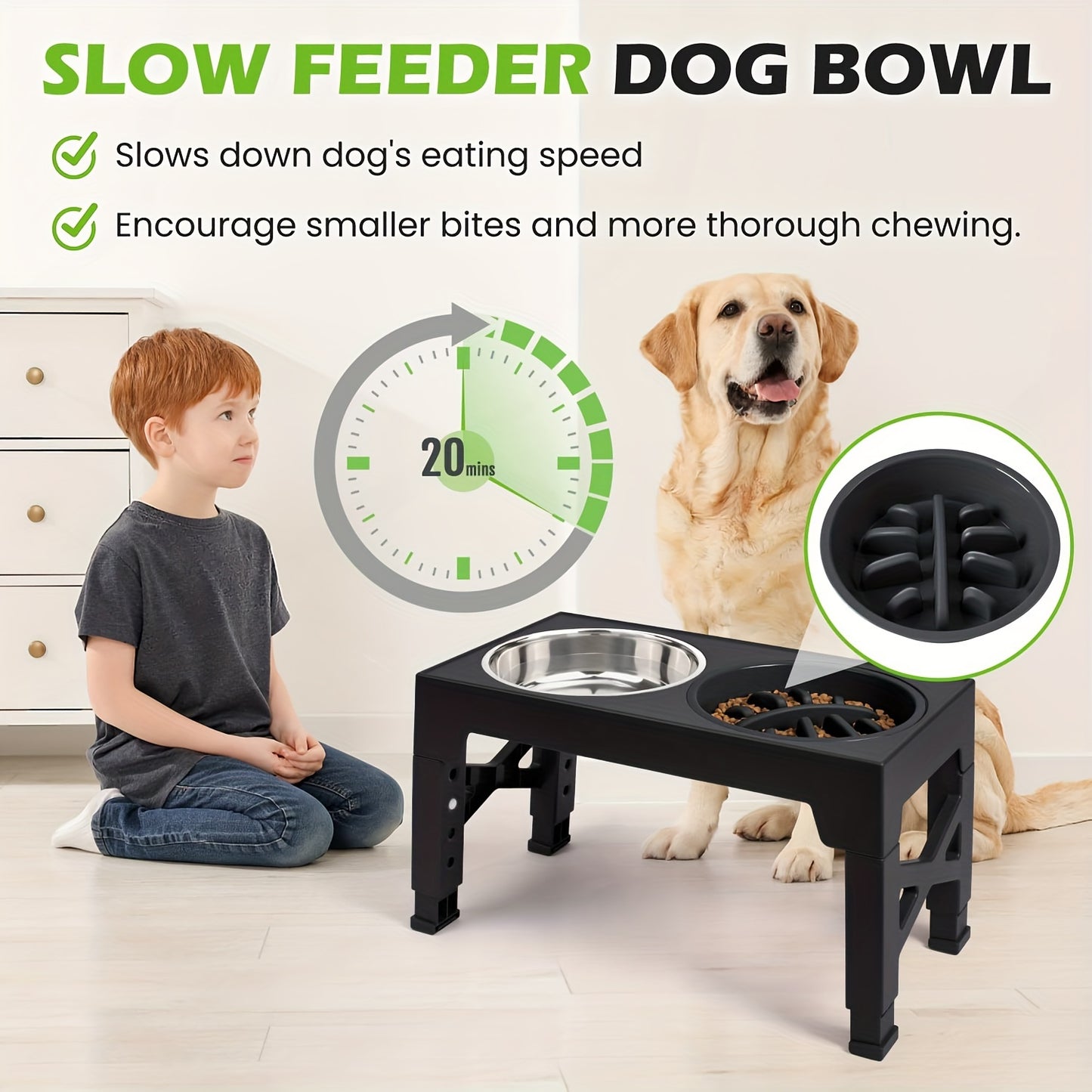 2 Stainless Steel Dog Food Bowls + 1 Slow Feeder Bowl -  5 Adjustable Heights Elevated Stand, for all dogs