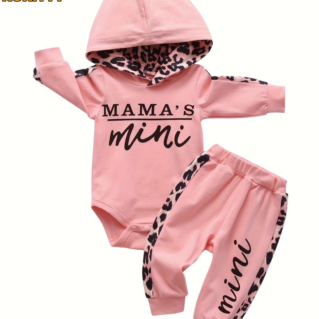 KuKitty Infant Baby Girl Long Sleeve "Mama's Mini" Pullover Hooded Top and Leopard Pant Set