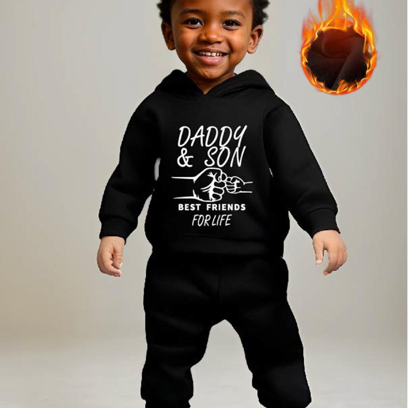 PatPat Baby Boy  Casual Letters DADDY SON Pattern Fleece Long-sleeve Hooded Top and Pant Set