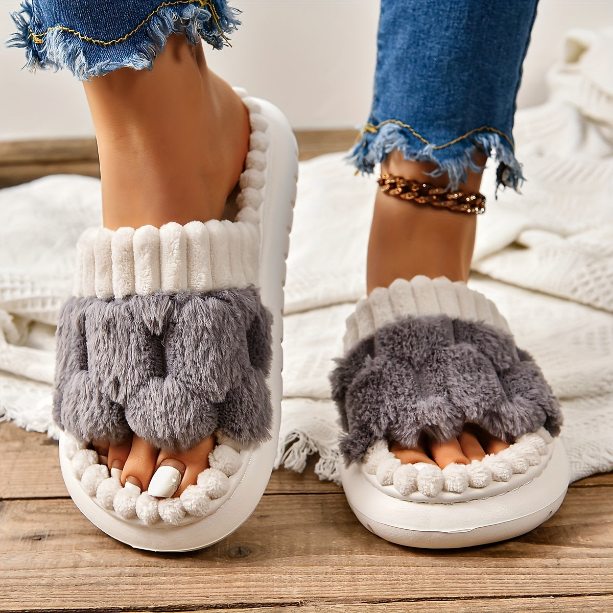 Honeycomb Plush Slippers For Women, Cozy & Warm Soft Sole Open Toe Shoes