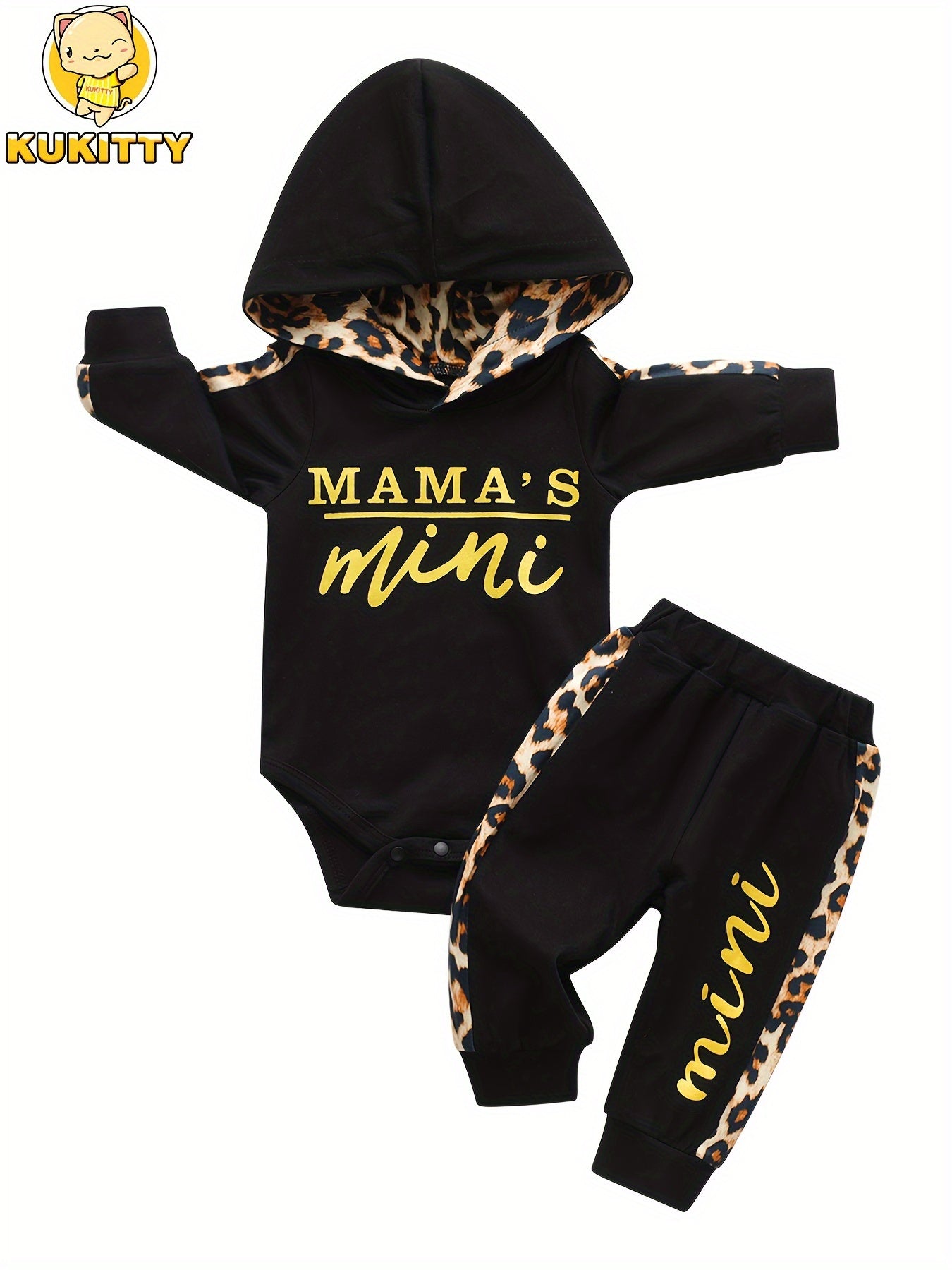 KuKitty Infant Baby Girl Long Sleeve "Mama's Mini" Pullover Hooded Top and Leopard Pant Set