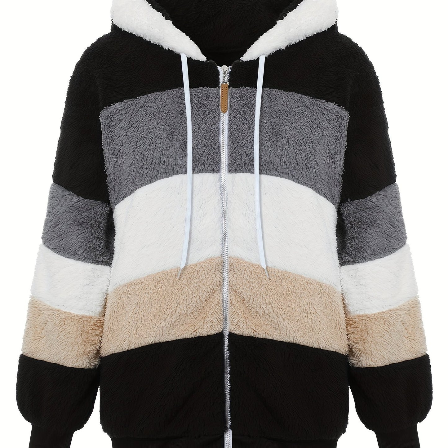 Fuzzy Color Block Coat, Casual Hooded Zip Up Drawstring Long Sleeve Outerwear