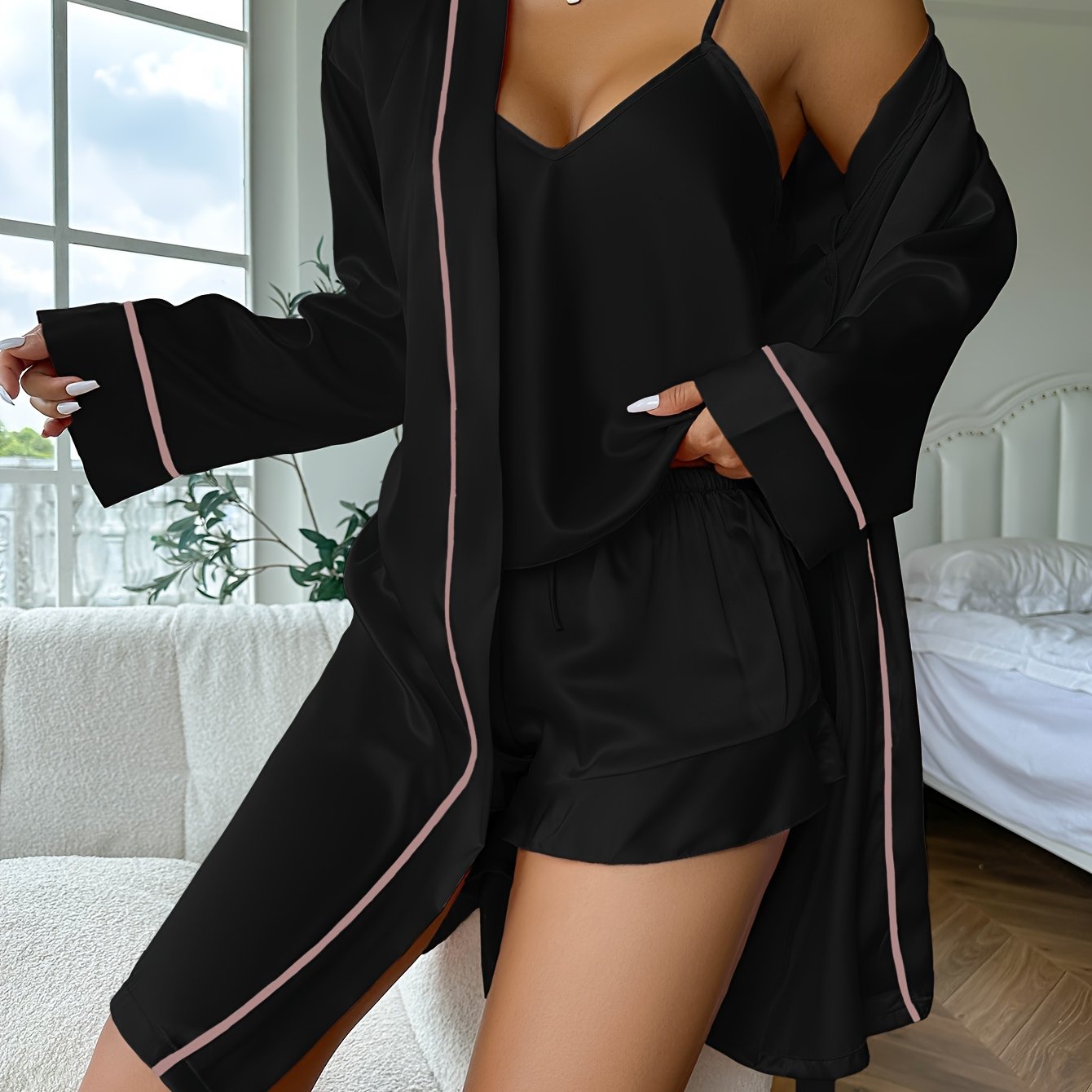 Luxurious Satin Pajama Set - Cozy Long Sleeve Robe with Belt, V-Neck Cami Top & Shorts